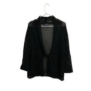Jones New York Signature Black Open Knit Tie Front Cardigan Sz Large 3/4 Sleeve